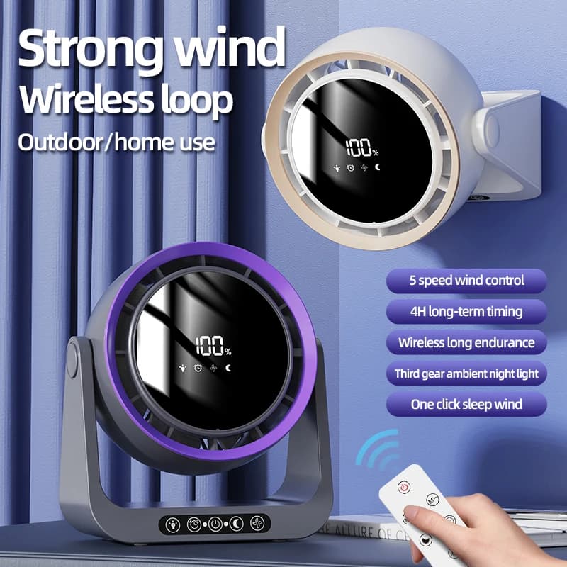 Ventilatore di circolazione da tavolo Mini ventilatore da tavolo ricaricabile di grande capacità da 4000 mAh con telecomando Ventilatore a parete con luce notturna