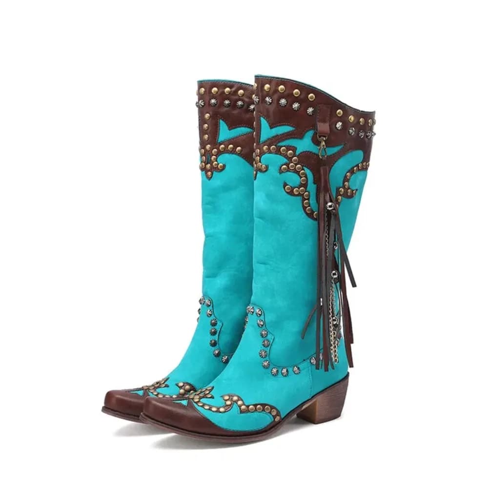 Stivali alti al ginocchio Woemn Designer Brand Luxury Punta a punta Cerniera interna Tacchi alti spessi Stivali da cowboy occidentali ricamati 0K200