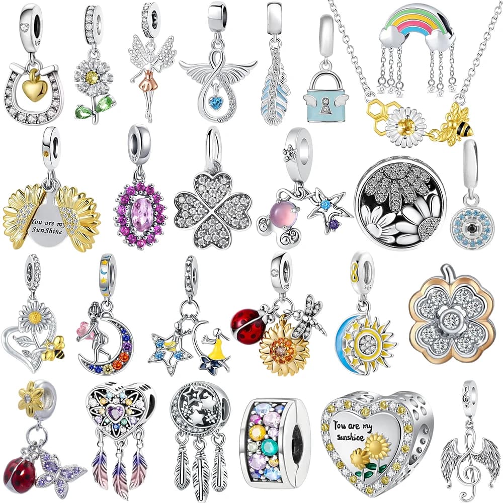 925 Sterling Silver Sunflower Lucky Grass Dreamcatcher Pendant Charm Fit Original Charm Bracelet necklace Women DIY Jewelry Gift