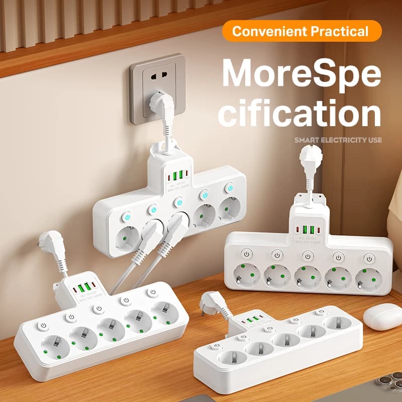 Multi-Port with EU socket 4 AC sockets 2 USB ports 1 type C Two specific independent switch with small night light