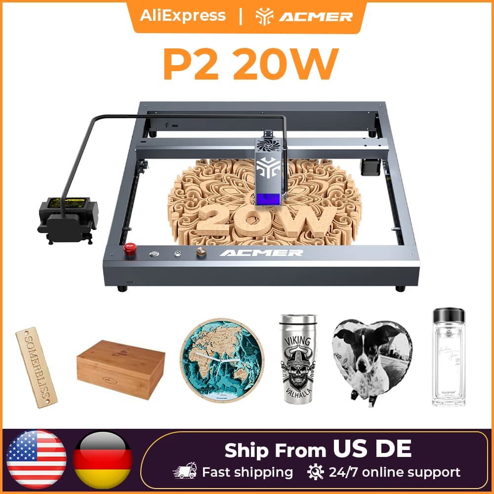 ACMER P2 20W Laser Engraving Machine Automatic support for aerial assistance APP wifi CNC CO2 High speed laser cutting machine for wood