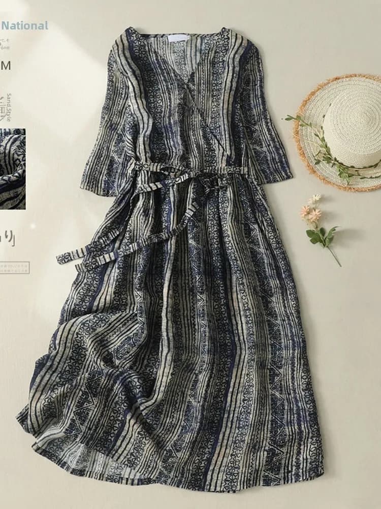 V-Neck Short Sleeve Women's Dress Retro Stripes Waist-Cinching Midi Skirt Length Cotton Linen Blend Comfortable Summer Dress