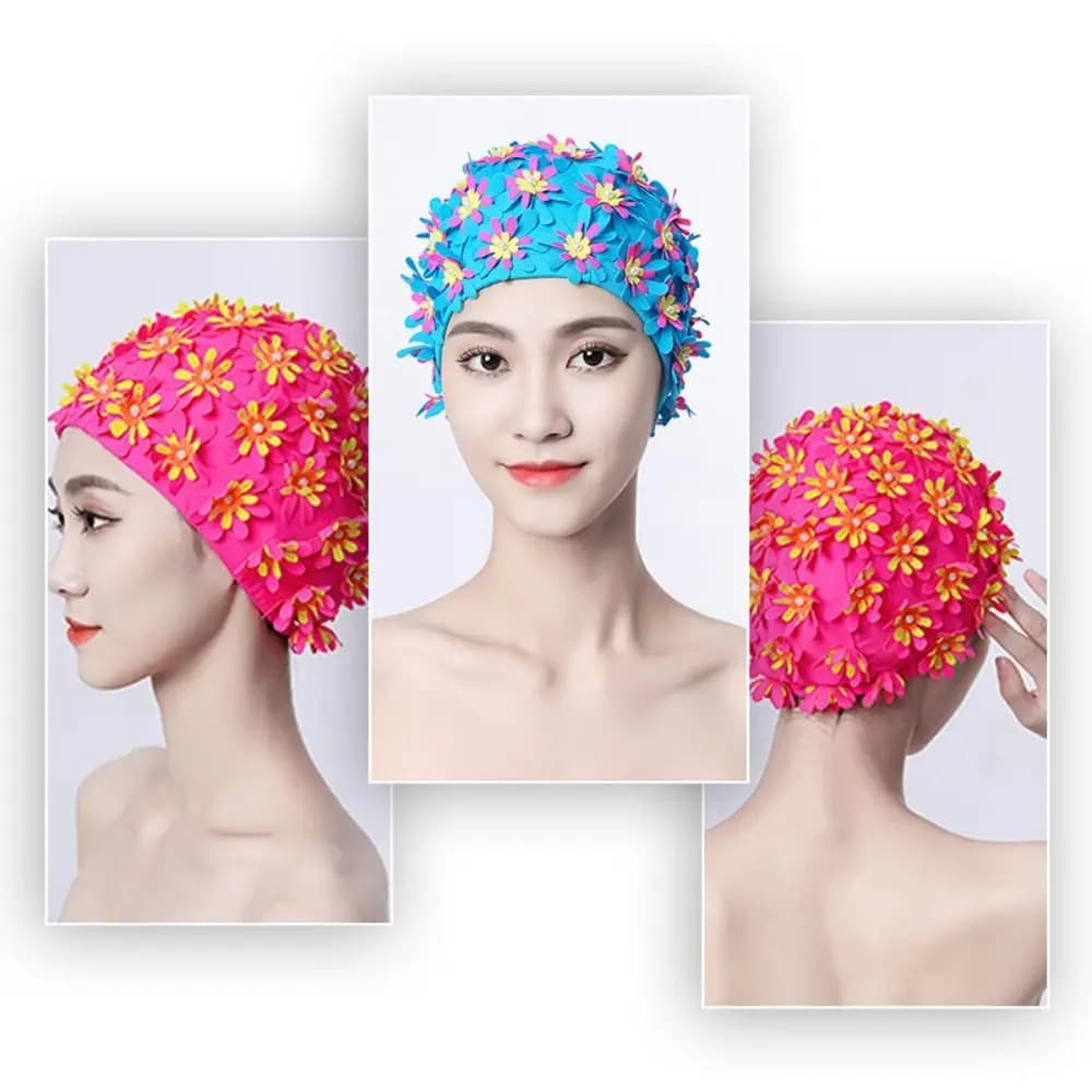 Beach Swimming Cap Pearl Floral Petal Swim Cap Flower Long Hair Swimming Cap Vintage Style Breathable Swimming Hat Water Sports