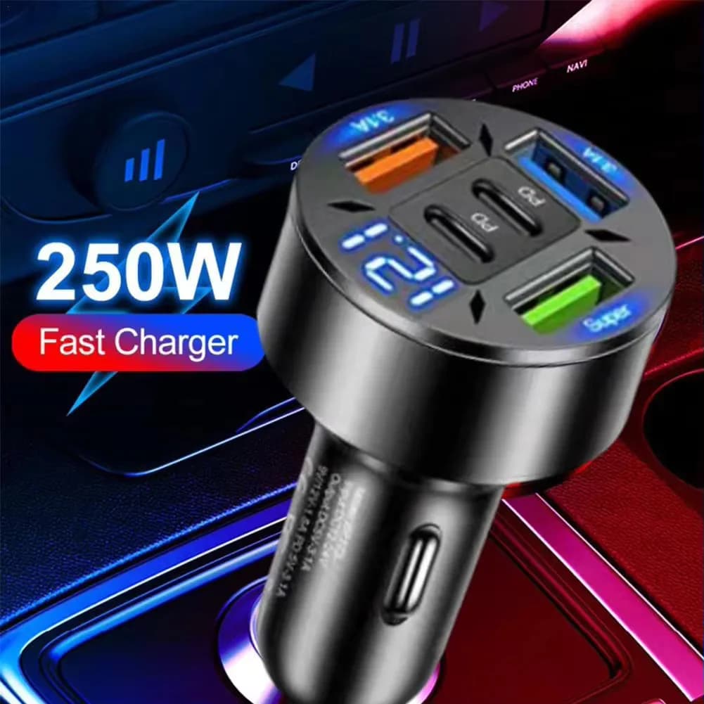 250W 5 Port Car Charger with Fast Charging PD QC3.0, USB C Charger for Phone, Car Type C Adapter, iPhone