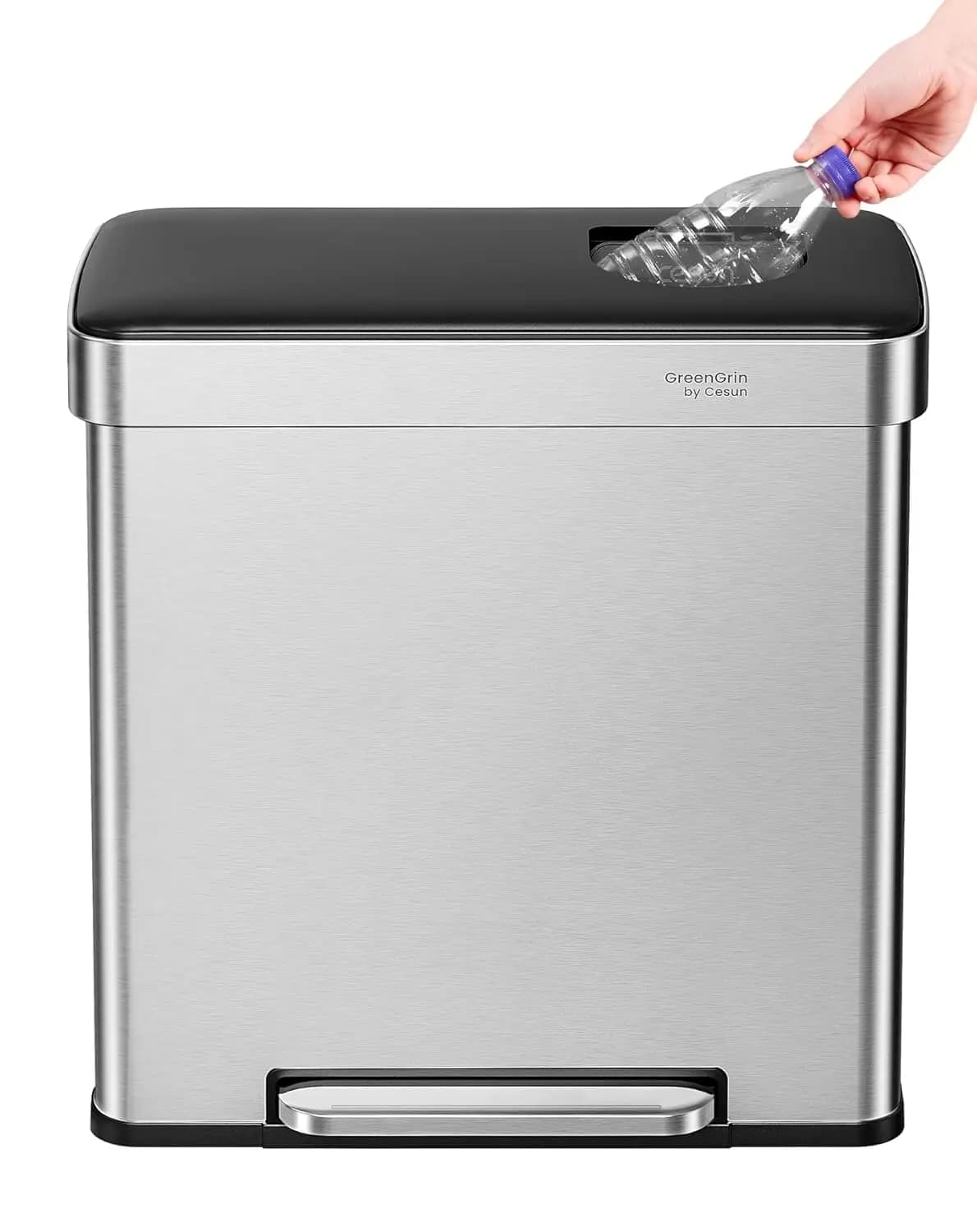 GreenGrin Kitchen Trash Can, 2x8 Gallon Dual Compartment Trash and Recycle Bin Combo, Double Stainless Steel Step Garbage Can