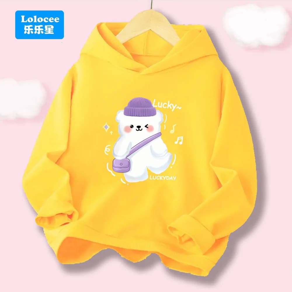 Spring Autumn Lucky Cute Bear Printed Children's Long-sleeved Hoodies Girls' Fashion Hooded Sweatshirts Students Top XZB01