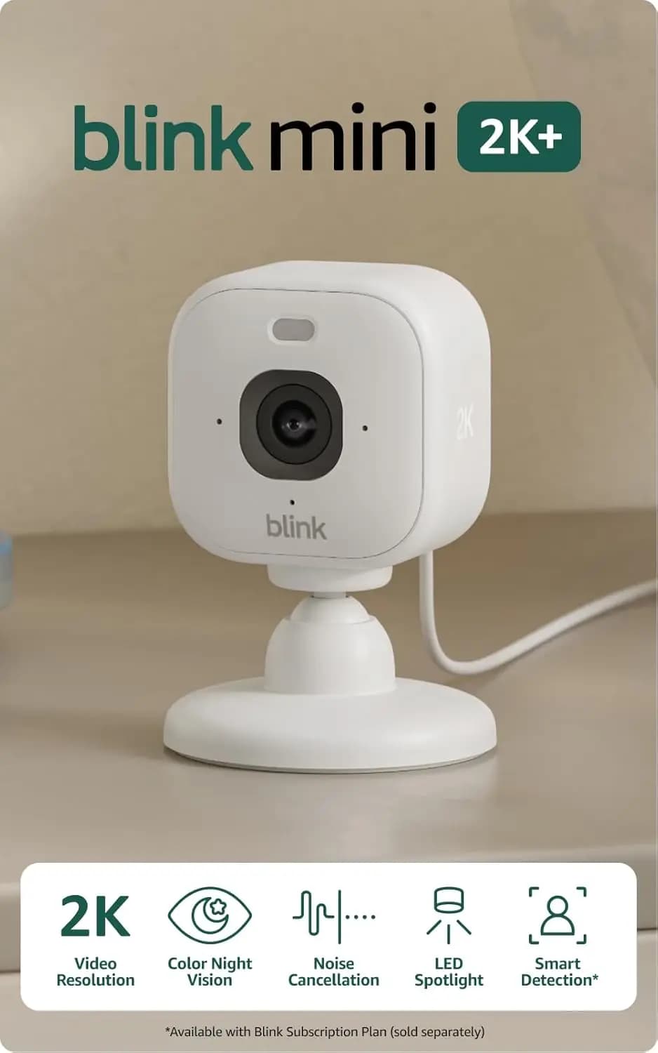Telecamera di sicurezza plug-in 2K con visione notturna a colori, rilevamento del movimento, audio migliorato - Confezione da 2 bianco
