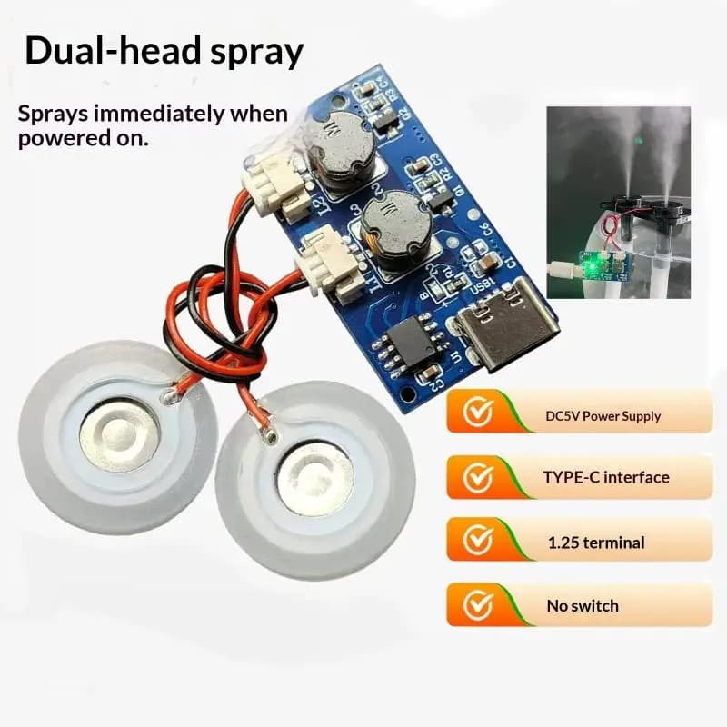 1 Set Dual Spray Electrified Direct Spray No Switch Ultrasonic Atomizer Humidifier Module Type C DC5V 600MA DIY Single Module