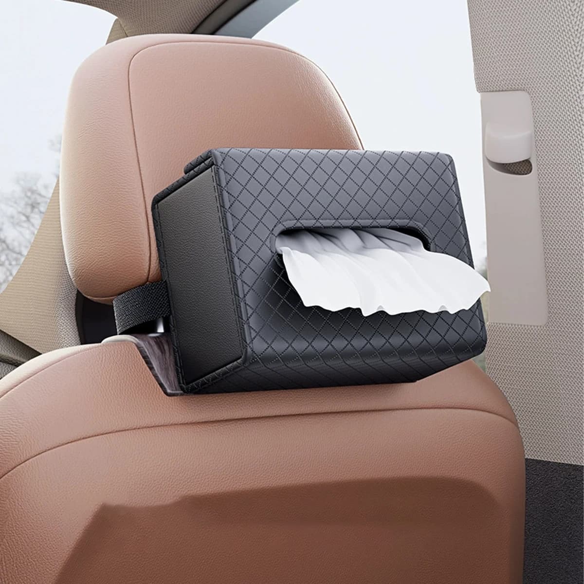 Rhombus Stitched Car Tissue Box, Dual-Use Hanging & Armrest Napkin Organizer