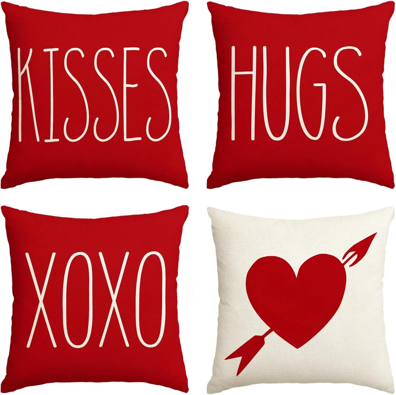 Set of 4 Valentine's pillow covers, 45x45 cm, with hearts and kisses XOXO, to decorate sofa and armchairs