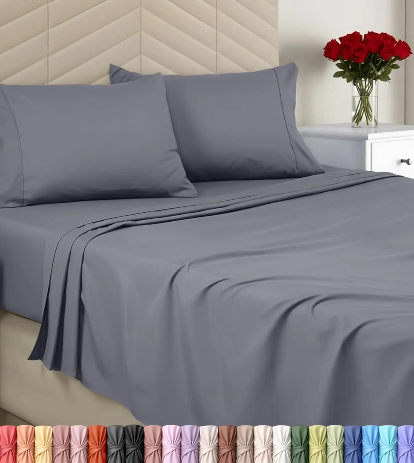 Queen Sheet Set, Soft Microfiber 4 Piece Bed Sheets with 15' Deep Pocket - Easy Care Brushed Microfiber (Queen, Grey)