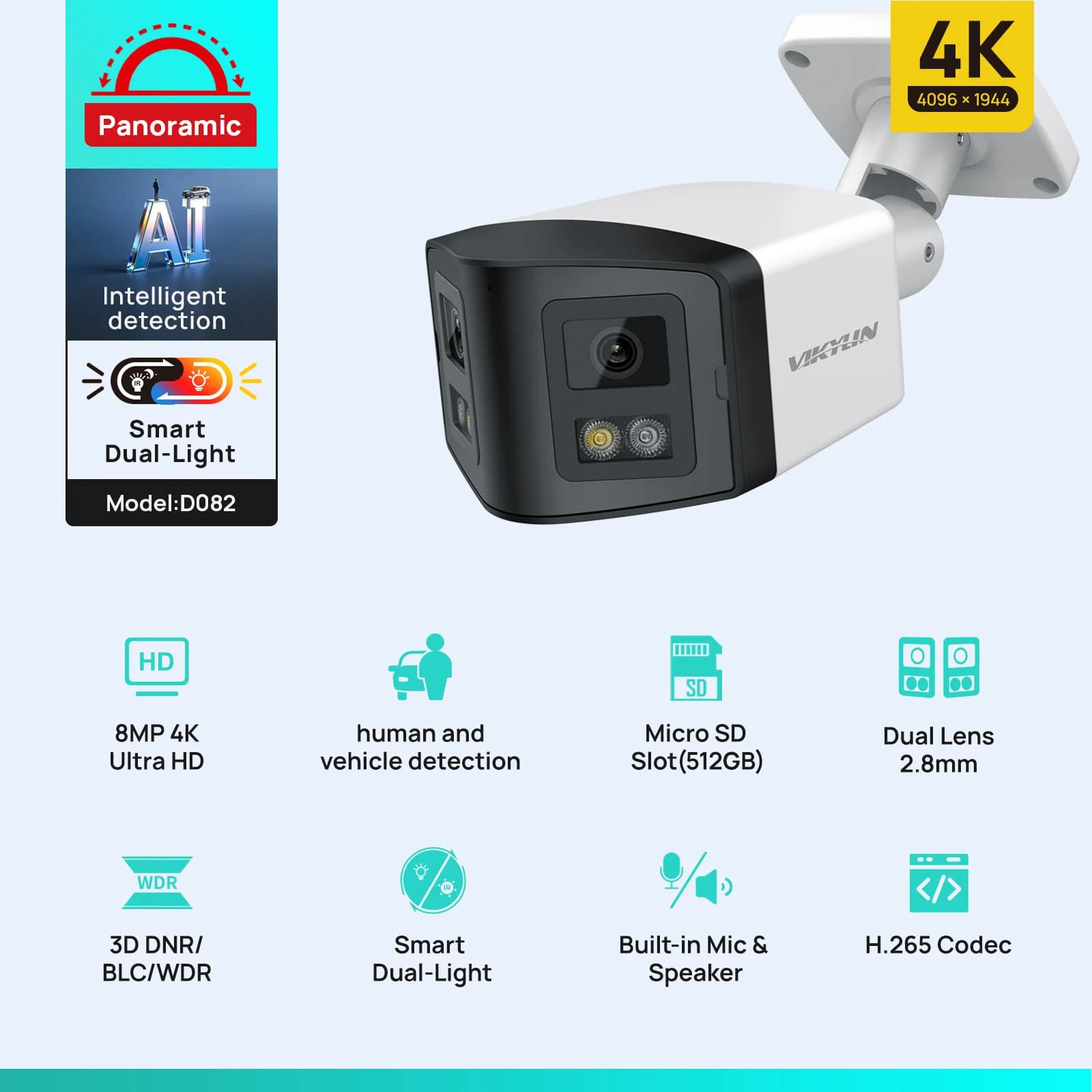 VIKYLIN 170° Panoramic 4K Security Camera Smart Dual Light 8MP Dual Lens IP Camera CCTV Outdoor Surveillance with POE Onvif IP67