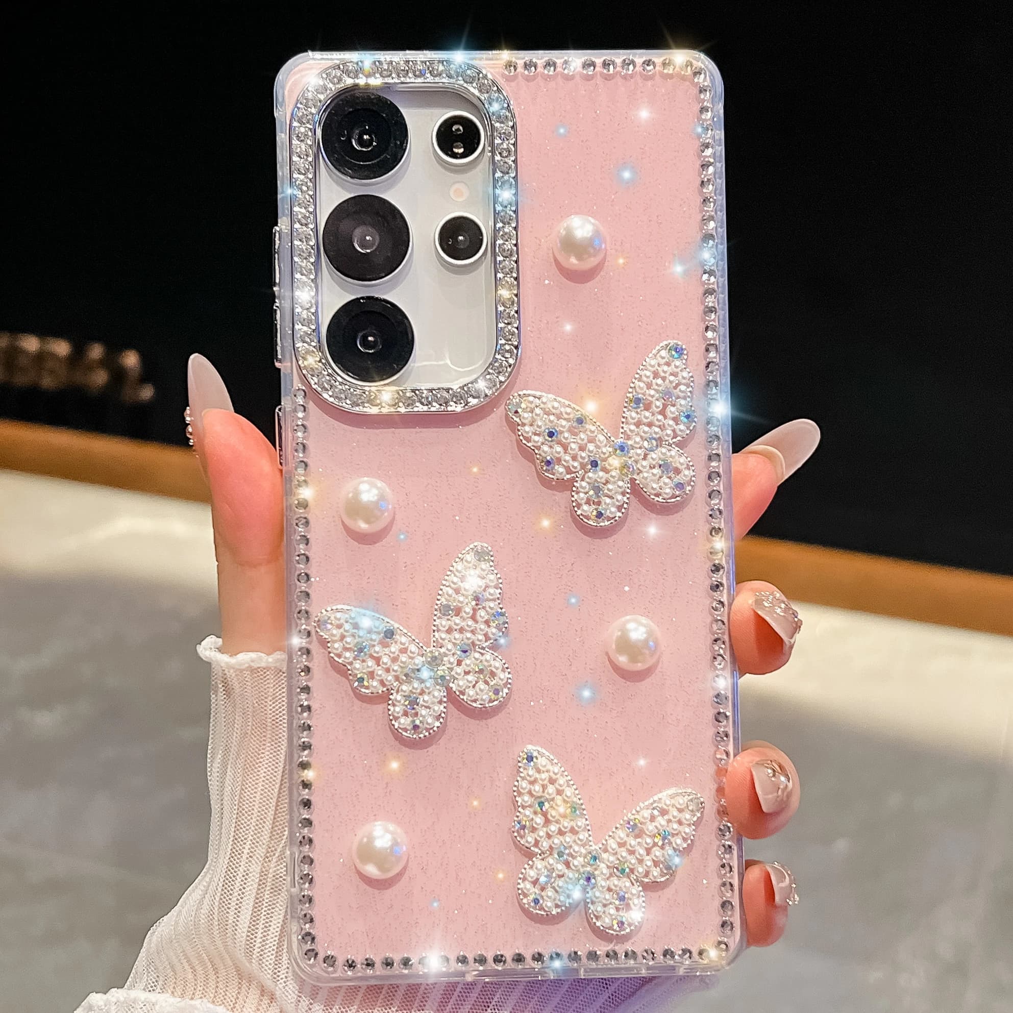 Cover con Farfalla e Perle per Samsung Galaxy S25 S26 Ultra, Custodia Lussuosa con Strass Brillanti per Samsung S24 S23 Ultra A56