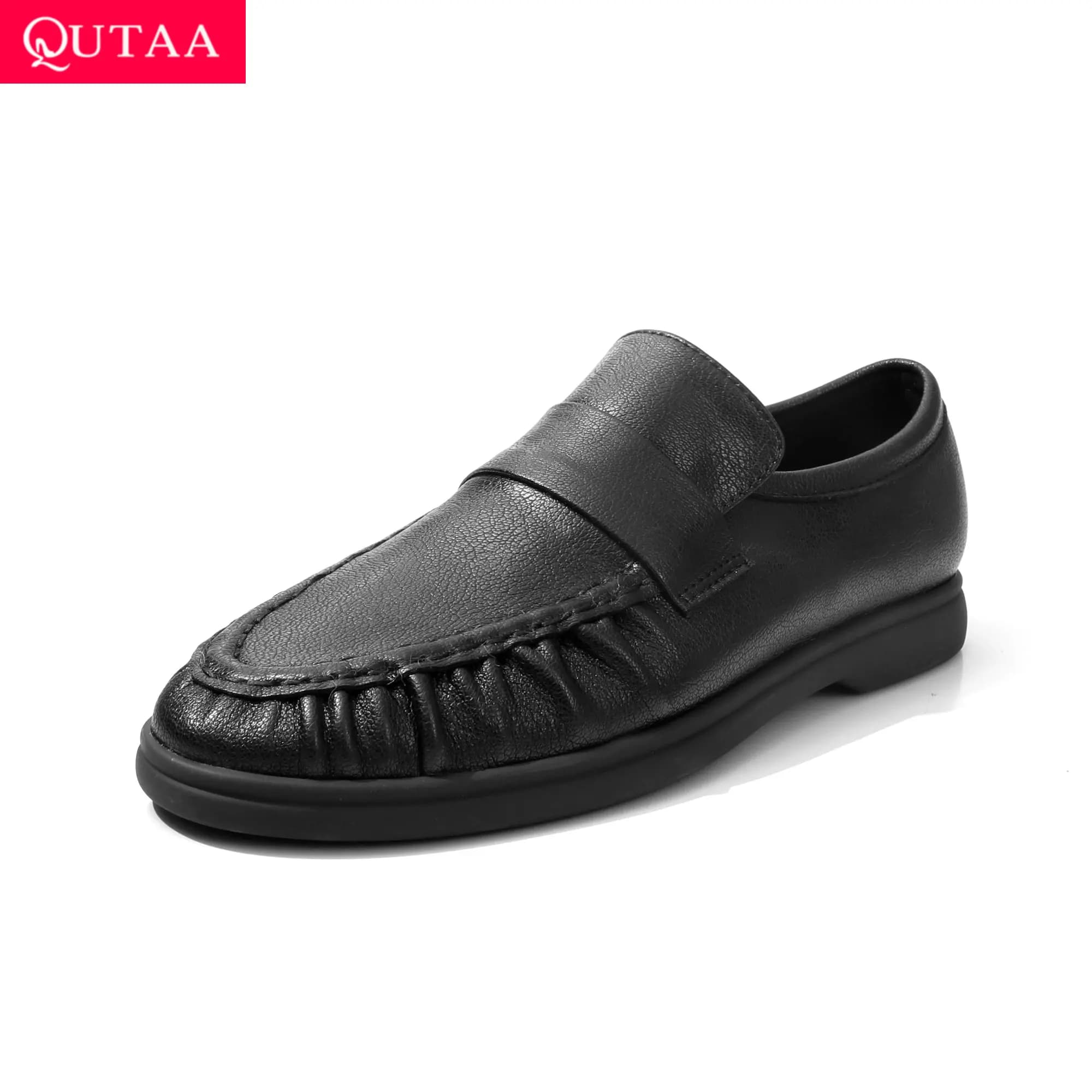 QUTAA 2026 New Women's Low Shoes in True Leather, Casual Moccasins Spring curled with Round Toe, Elegant Woman 34-40