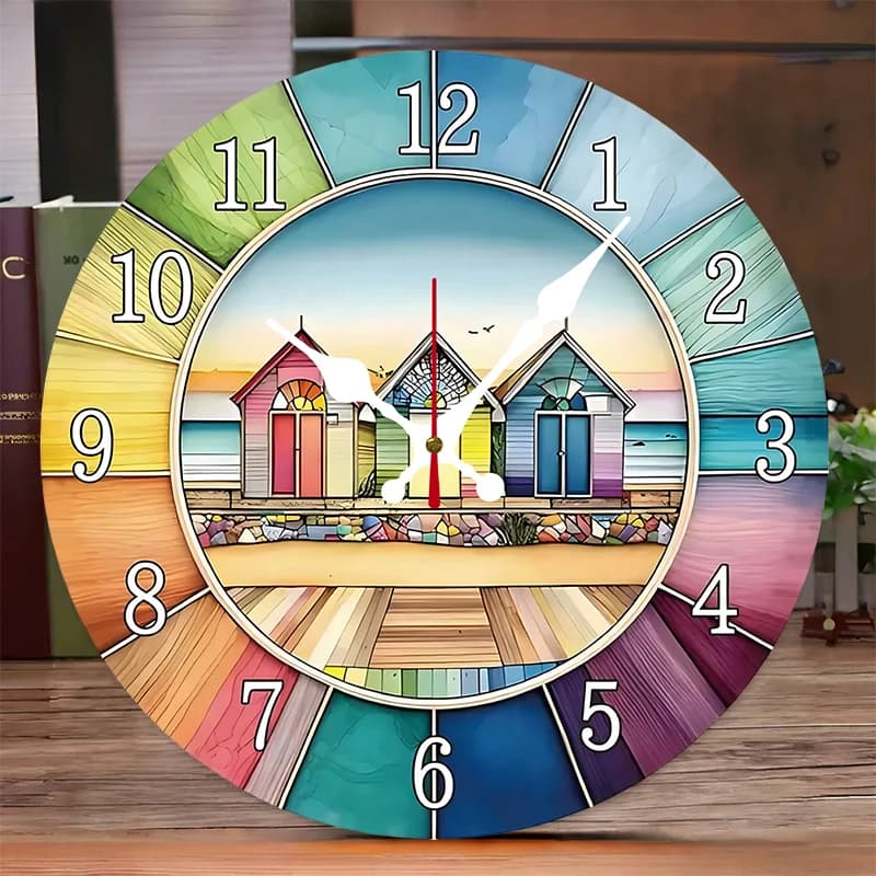 Wall clock suspended silent round wooden theme beach hut, suitable for living room, office, study room, bedroom, home decoration