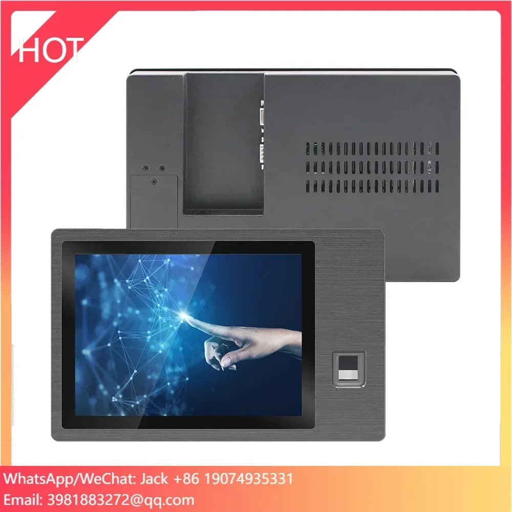 Industrial PC with 10.1 inch touch screen panel with RFID reader, webcam and fingerprint reader.