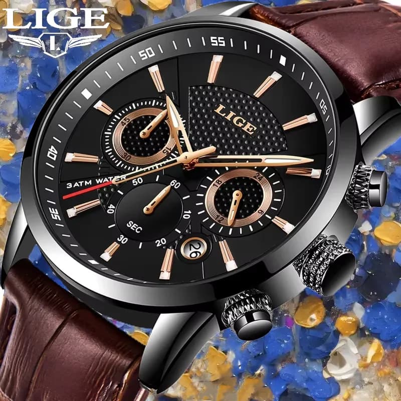 Orologio da uomo di lusso LIGE, impermeabile, sportivo, militare, cronografo, in vera pelle, al quarzo, orologio da polso da uomo, Relogio Masculino