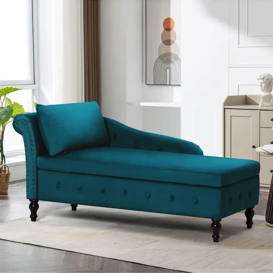 Chaise Longue con Bracciolo Sinistro e Cuscino Lombare, Divano Lounge Trapuntato con Bottoni e Vano Contenitore, Poltrona Lounge da Interno, Moderna Poltrona in Velluto