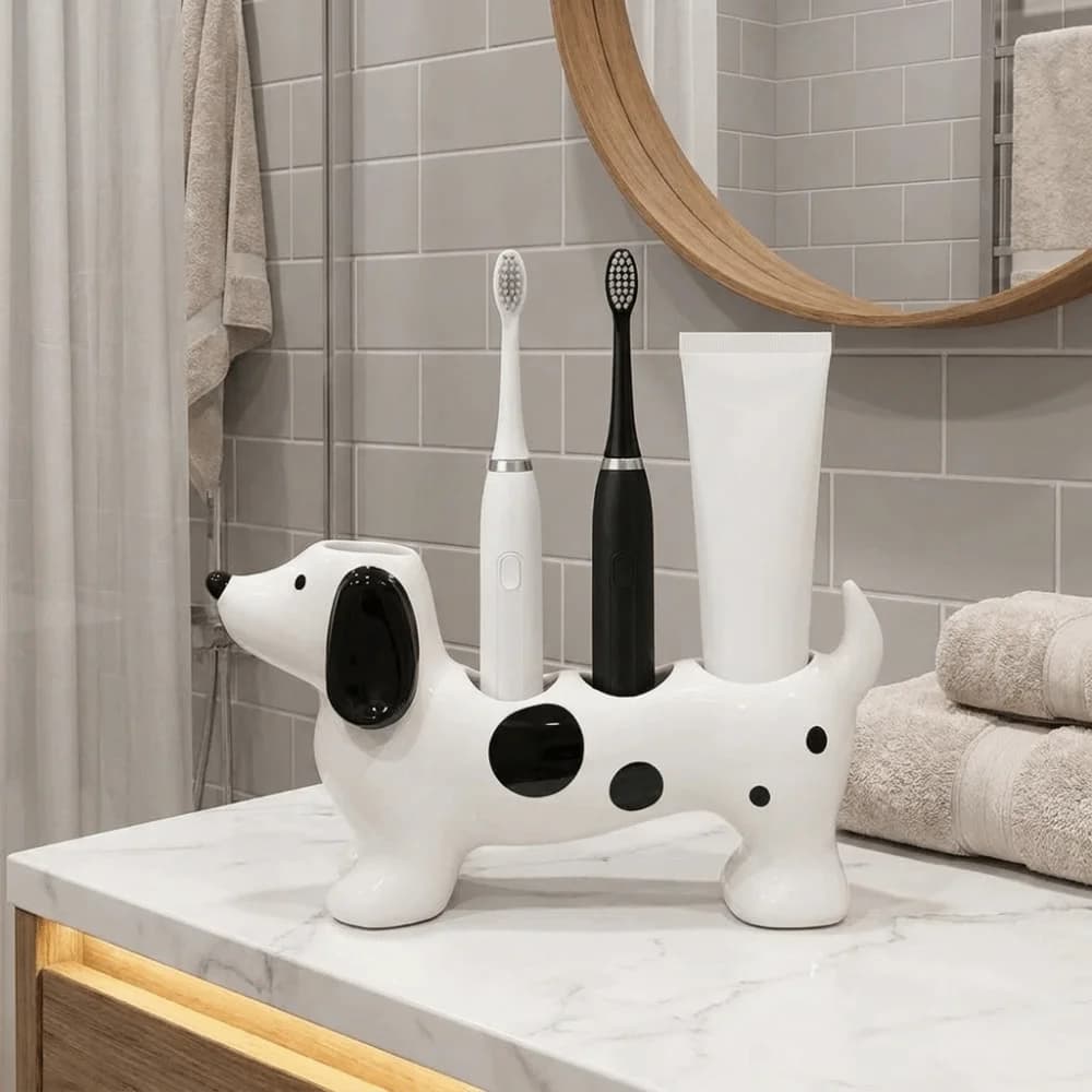 Portaspazzolino in Ceramica a Forma di Bassotto, Carino Supporto per 4 Spazzolini Elettrici, Salvaspazio, Decorativo a Forma di Cane