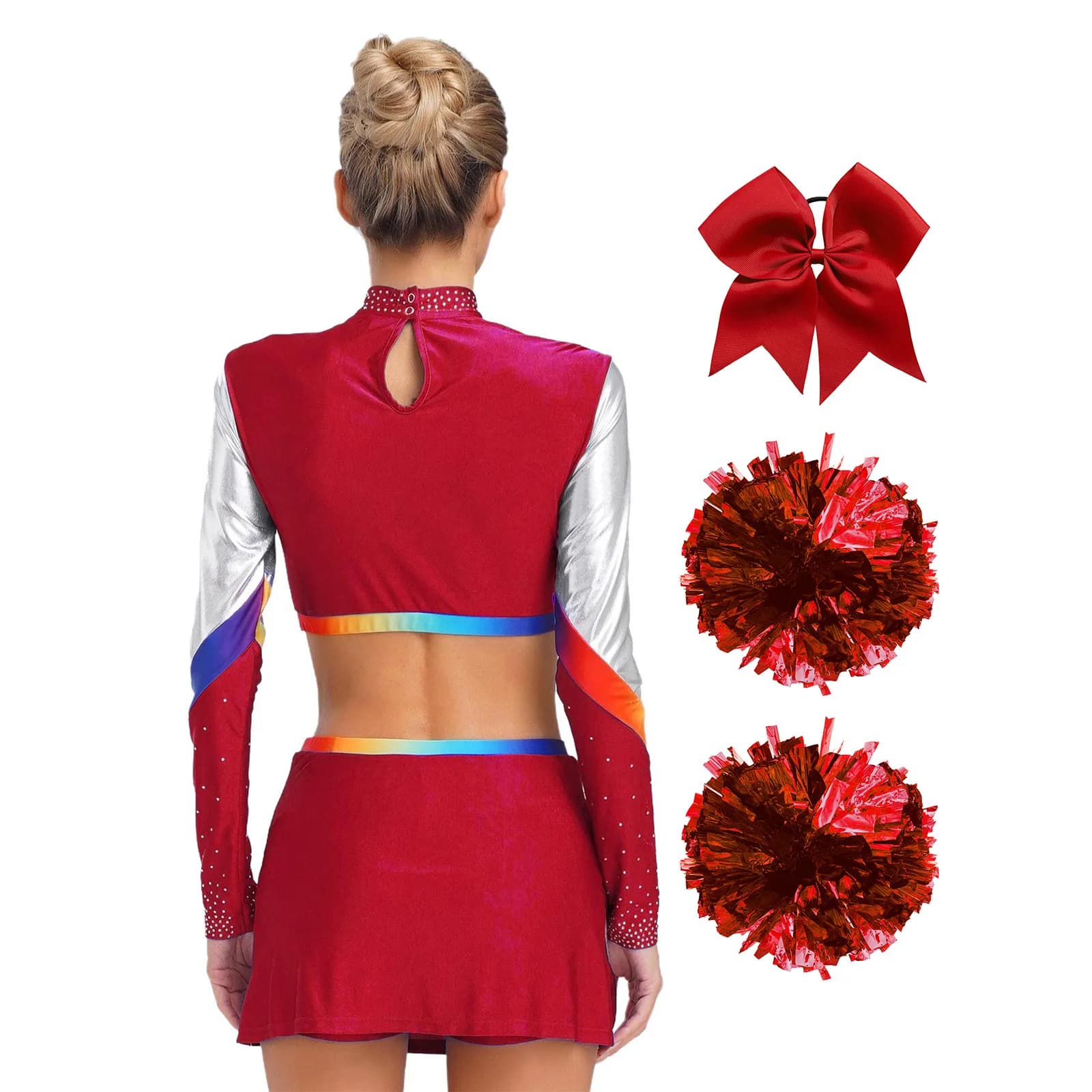 Costume da cheerleader da donna uniforme da ballo con paillettes scintillanti gonna corta a maniche lunghe fiori a mano e abiti con fermaglio per capelli