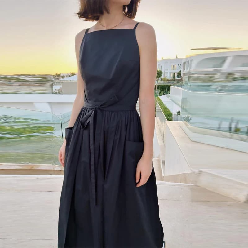 Women's Lace Up Beach Vacation Maxi Dress 2026 Square Neck Adjustable Strap Long Robes Sleeveless Loose Casual Pockets Vestidos