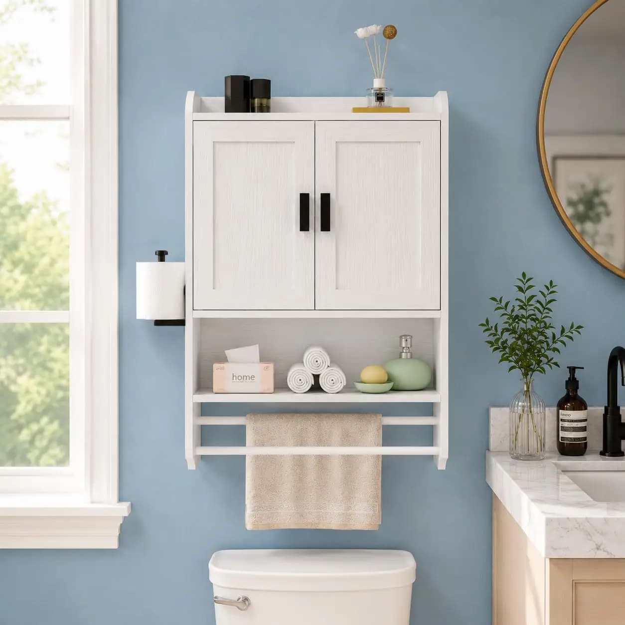 Bathroom Wall Cabinet with Paper Holder and 2 Towel Bars, Over the Toilet Medicine Storage Cabinet with 2 Doors,, Customized