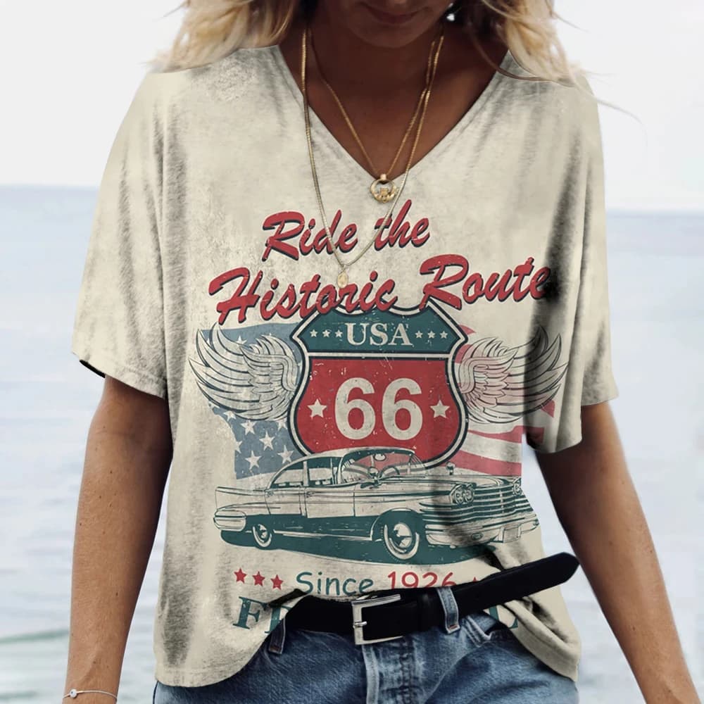 Hot US Route 66 Modello 3D Stampa T-shirt con scollo a V da donna Casual Lady Manica corta Pullover oversize Moda Top Abbigliamento donna