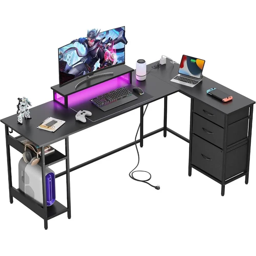 66 Inch L-Shaped Gaming Desk with Drawers, Storage, LED Lights, Power Outlets, Monitor Stand - Black