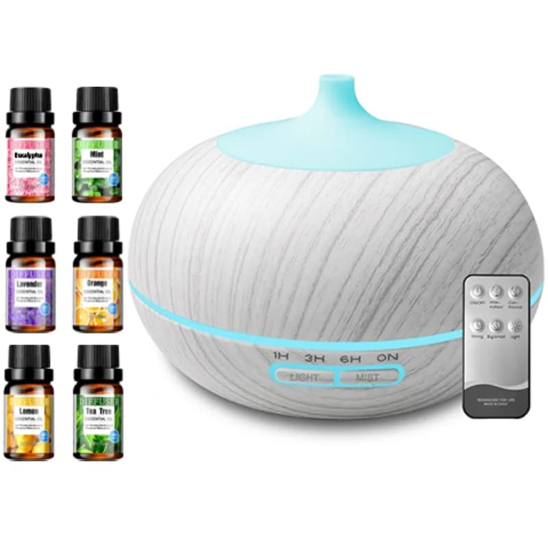 Diffusore di Oli Essenziali 6-in-1: Umidificatore a Ultrasuoni Effetto Legno da 550ml con Telecomando, Illuminazione LED a 7 Colori, Whisp