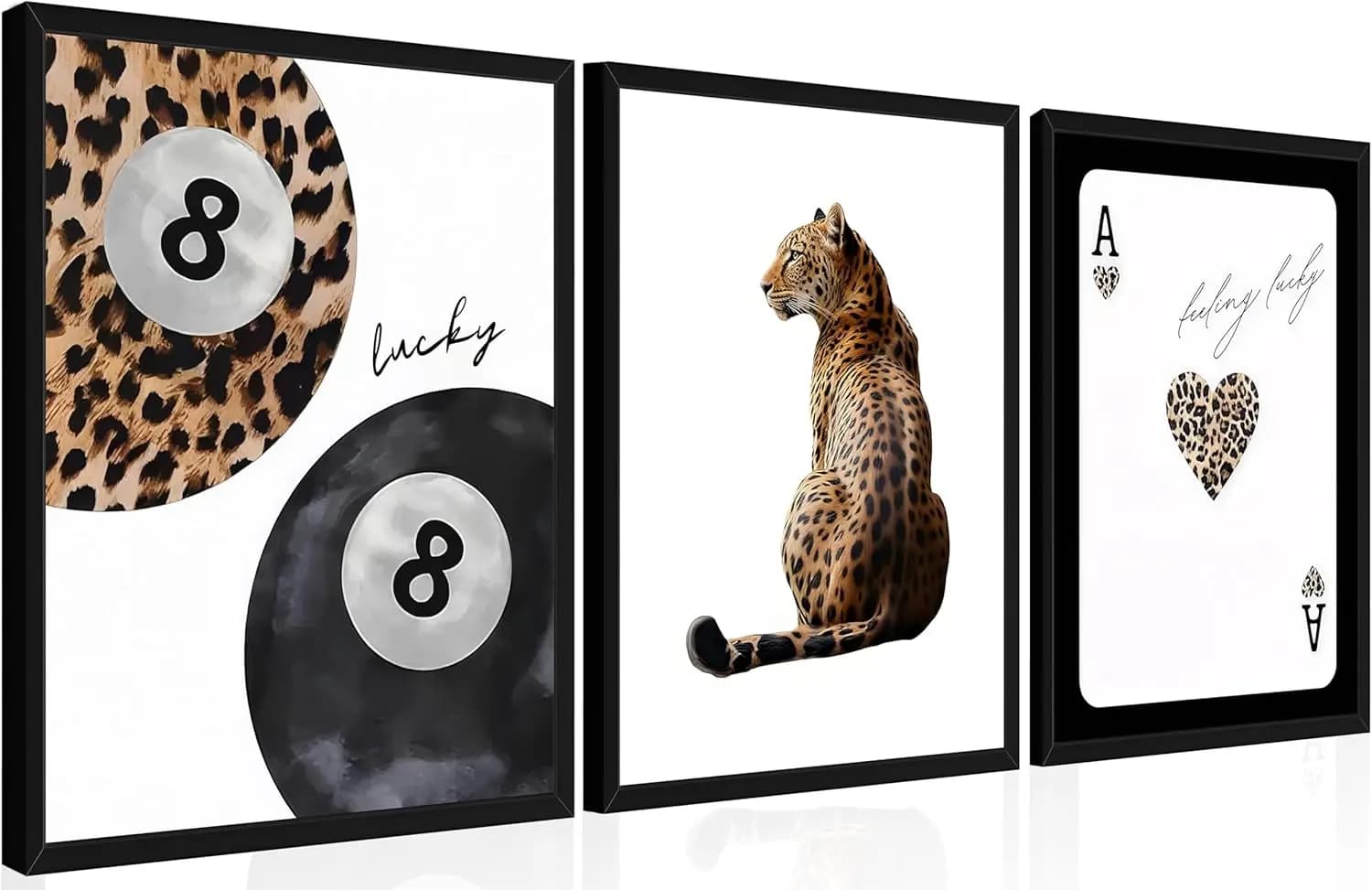 Set di 3 Quadri da Parete con Stampa Leopardata Trendy, Dipinti Decorativi Funky Preppy con Ghepardi, Stampe di Poster Fashion Lucky 8 per Soggiorno Camera da Letto Dormitorio, Cornice Nera in Legno 12x16 Pollici