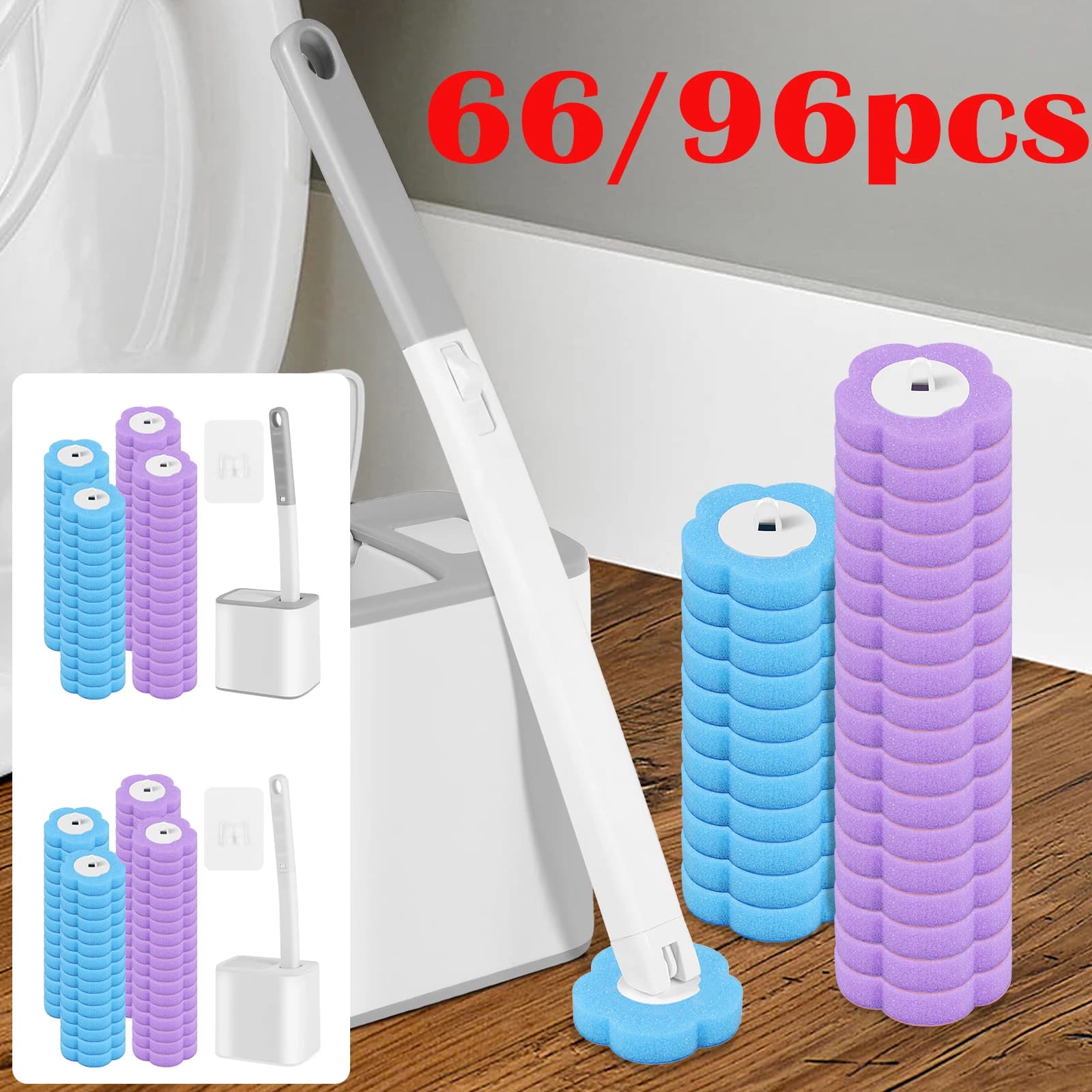 Spazzola per WC da 66/96 pezzi con kit di testine di ricambio usa e getta, spazzola per la pulizia del bagno con manico lungo montata a parete per accessori WC