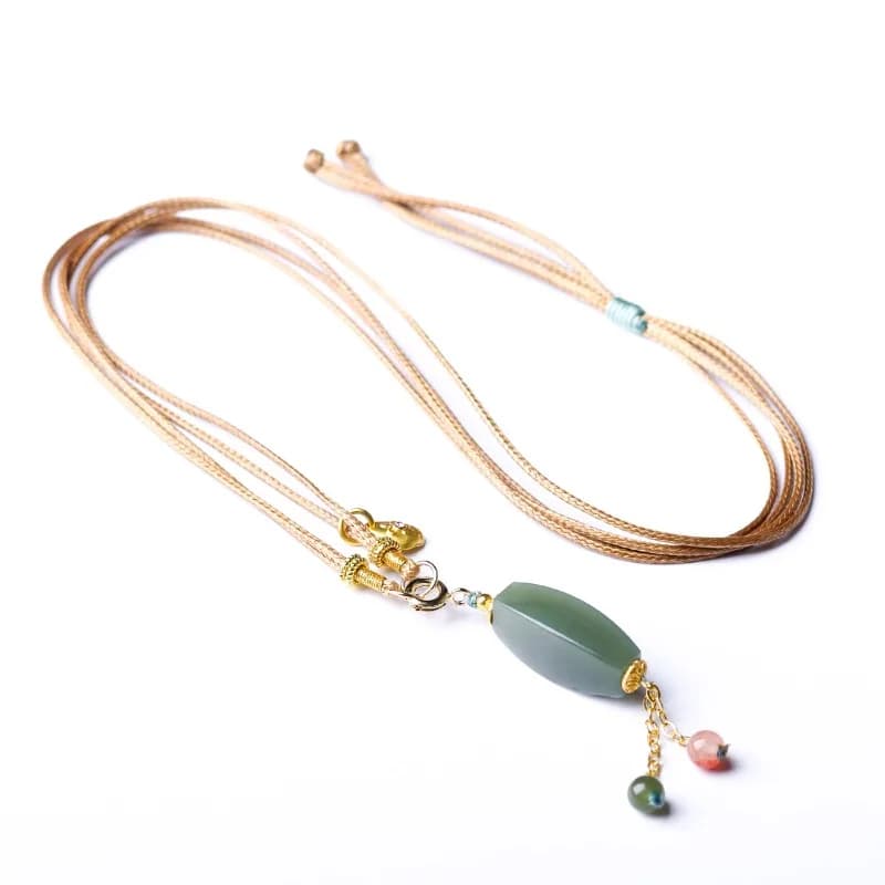 Collana Lunga Intrecciata a Mano in Giada Naturale Hetian, Catena per Maglione Stratificata in Agata Nanhong e Pelle, Regalo