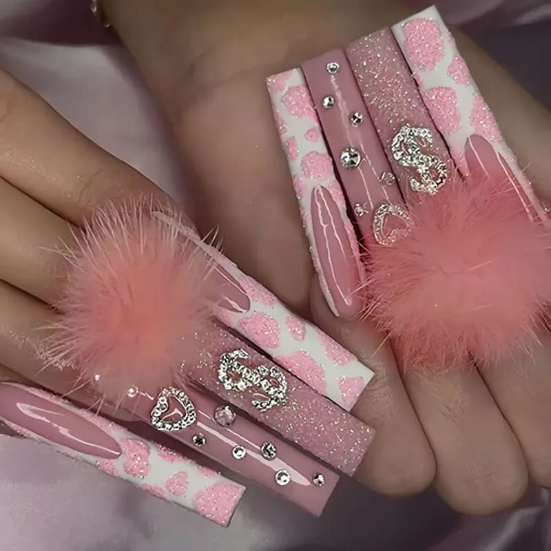 24Pcs Extra Long Square Press on Nails Love Pattern Design French Wearable Full Cover Nail Tips Artificial Chassis