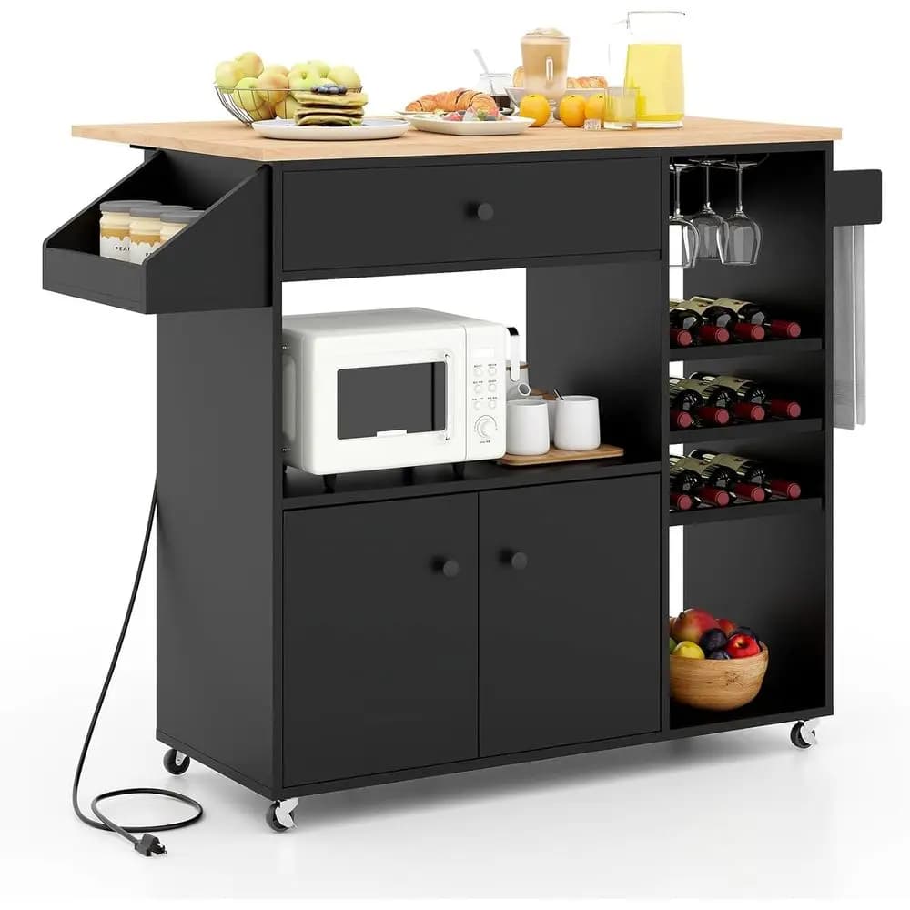 Carrello da Cucina con Isola, Piano Ribaltabile, Presa di Corrente, Porta Spezie, Portabottiglie da 12 Bottiglie, Porta Bicchieri, Armadietto Contenitore, Portasciugamani, Blu