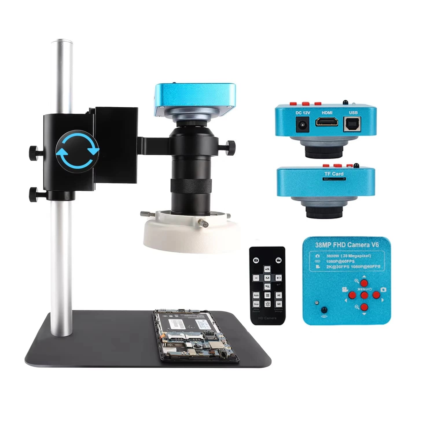 Microscopio video 38MP USB Microscopio industriale Fotocamera 1080P 60FPS 130X Obiettivo con attacco C Luce LED per riparazione Chip di saldatura