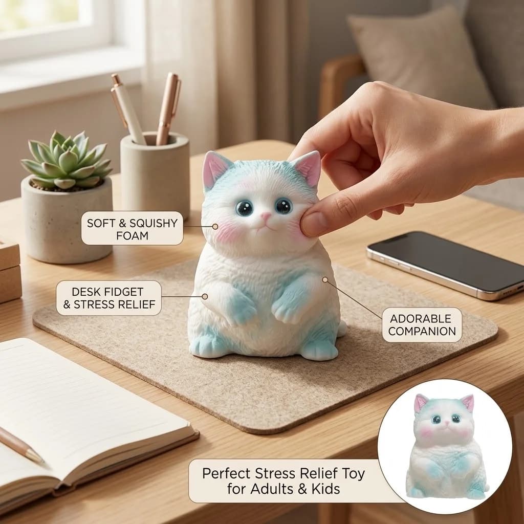 Kawaii Cat Squishy Toy, Cute Blue White Kitty Squeeze Fidget, Soft Sensory Stress Relief Toy, Satisfying Squish