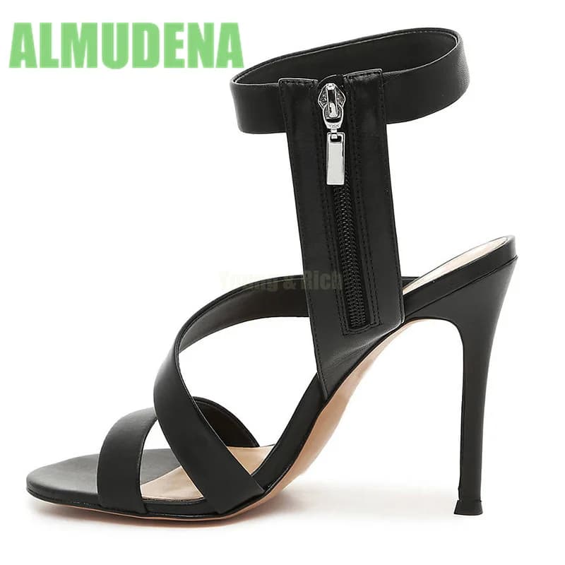 Black Pu Side Zipper Sandals Fashionable and Simple Style Round Toe Temperament Slim High Heels Sandalias De Mujer Verano