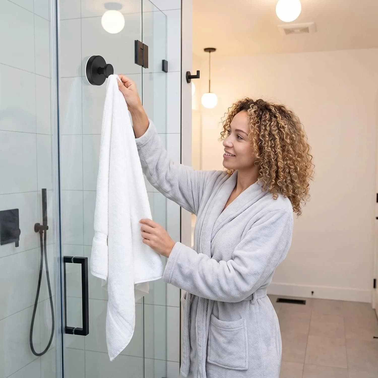 Suction Cup Hooks for Shower, Removable Towel Hooks for Bathroom Window Glass Door Wall, Bath Robe Looafh Hook for Hanging - 2 Pack, Black