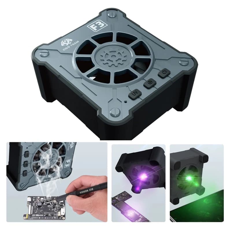 OSS F3 Lampada UV ricaricabile Ventola di raffreddamento multifunzionale 3 in 1 Luce di visualizzazione della polvere verde per la riparazione del computer portatile del telefono Ventola di polimerizzazione UV