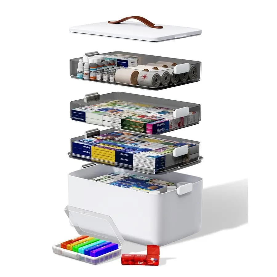 Organizer for medicine cabinet with leather handle, plastic empty emergency kit, multipurpose storage box with portable weekly napkin holder