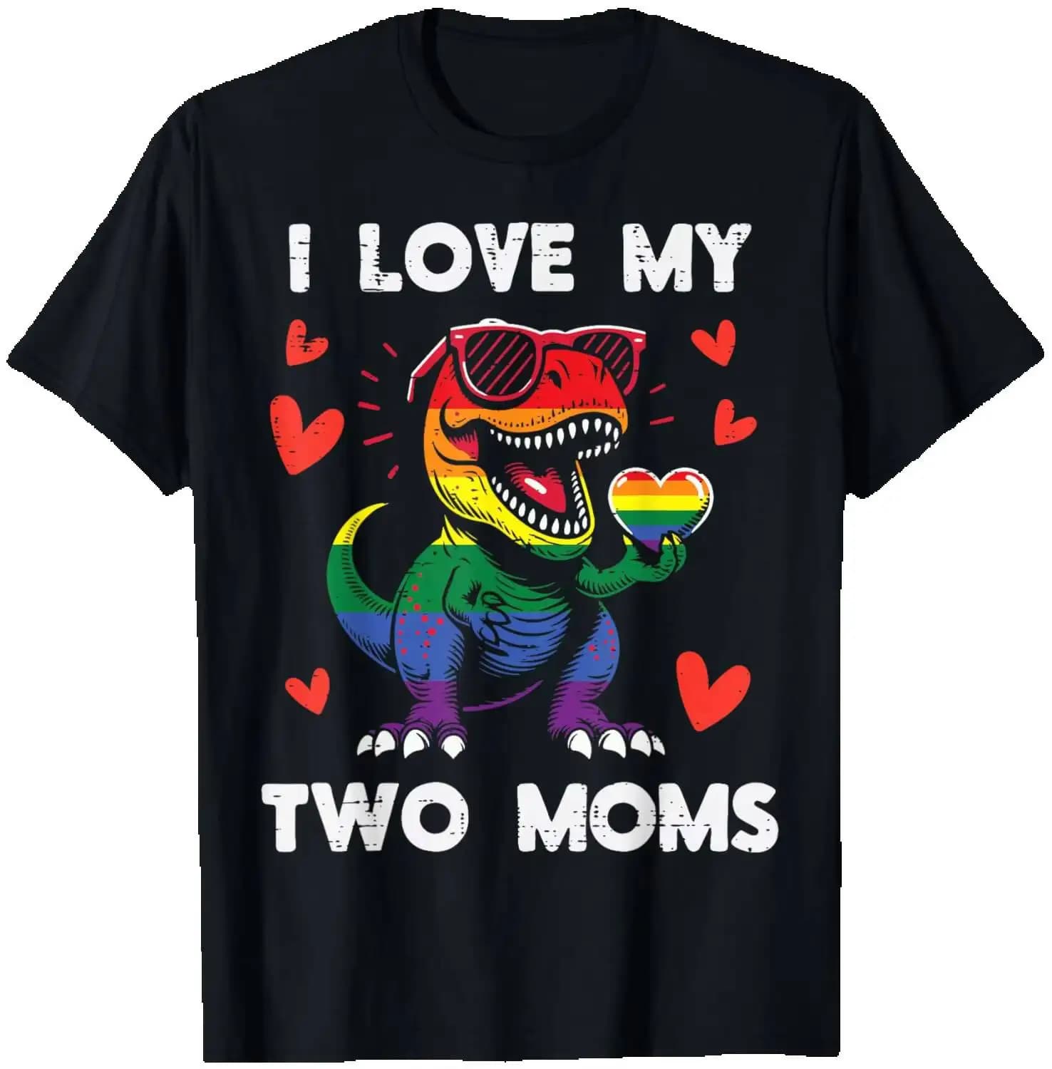 Gay Pride I Love My Two Moms Dino LGBTQ Ally Rainbow Kids T-Shirt Summer Short-Sleeved Breathable Sweat-Wicking Versatile Trendy