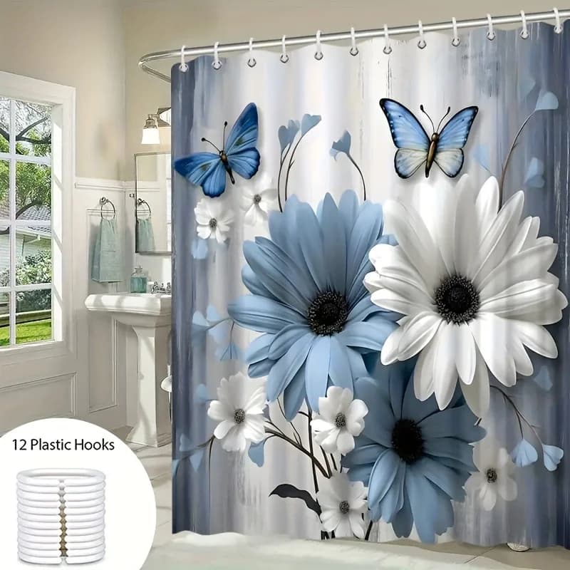 Tenda Doccia Blu Bianca con Motivo Floreale e Farfalle, Design Elegante e Naturale, in Poliestere Impermeabile per Decorazione Bagno, Set 1 Pezzo