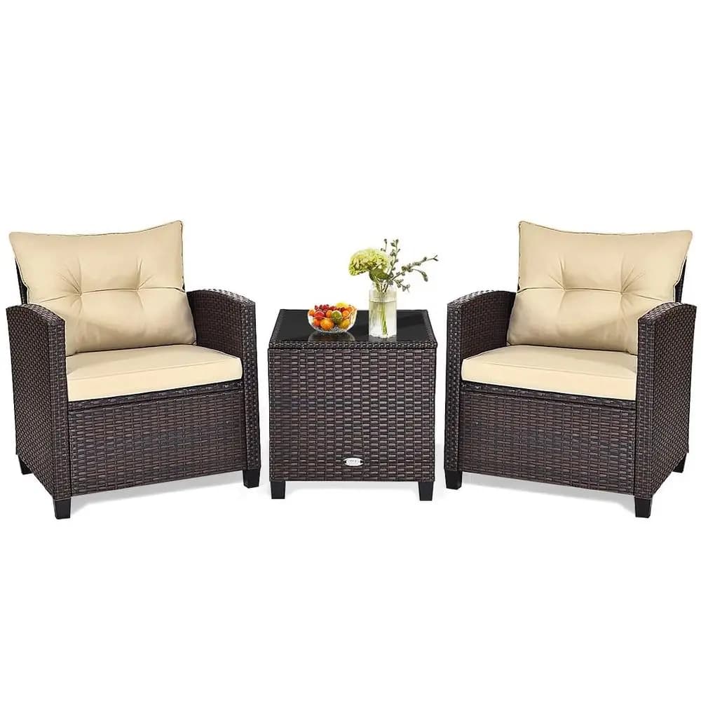 Set da conversazione per patio in 3 pezzi, set di mobili da esterno in rattan PE con cuscini rimovibili, sedie in vimini PE con tempero in PE