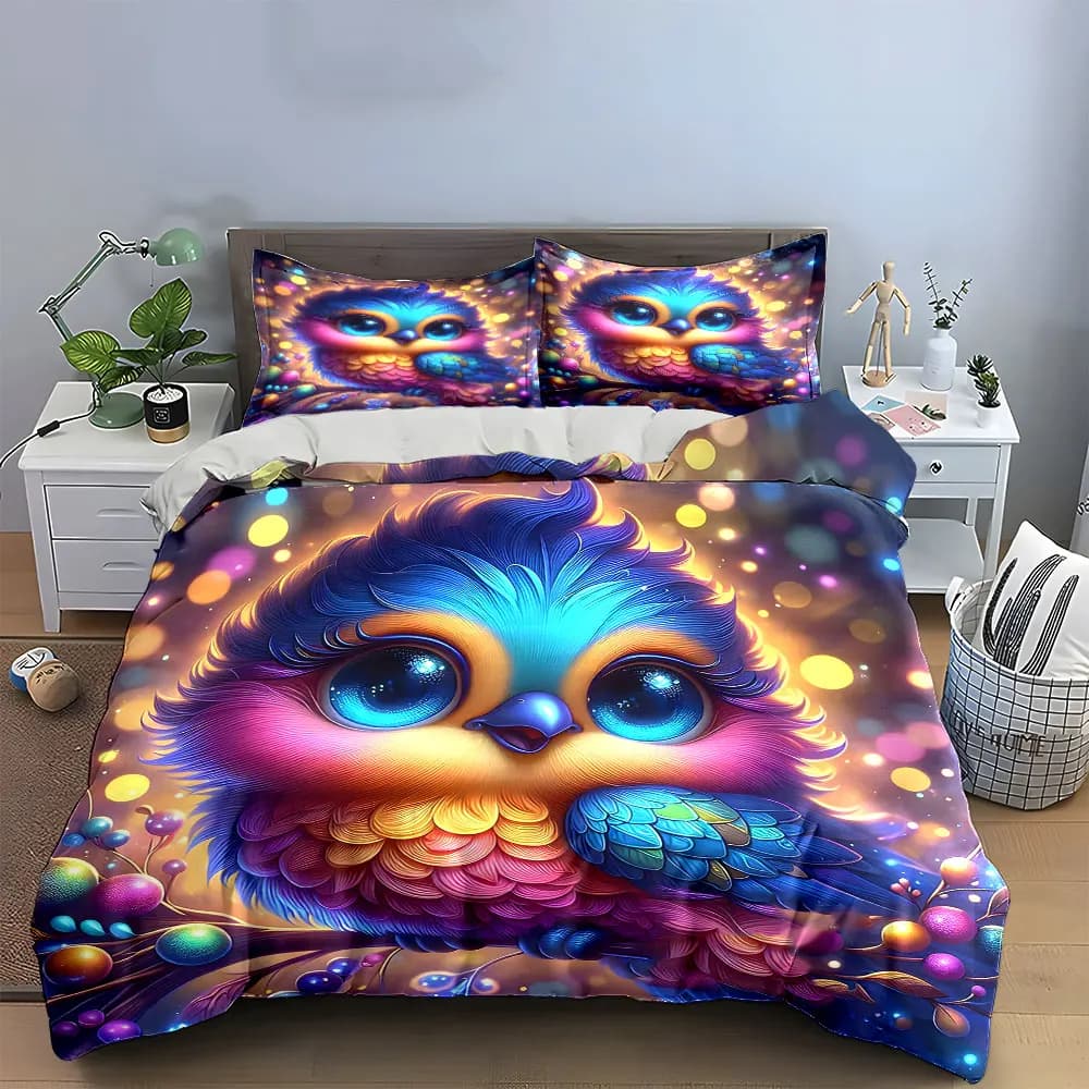 Set di biancheria da letto magica con uccelli arcobaleno, 3 pezzi, graziosa copripiumino con stampa di gufo fantasy con occhi scintillanti + 2 federe, decorazione per la cameretta dei bambini