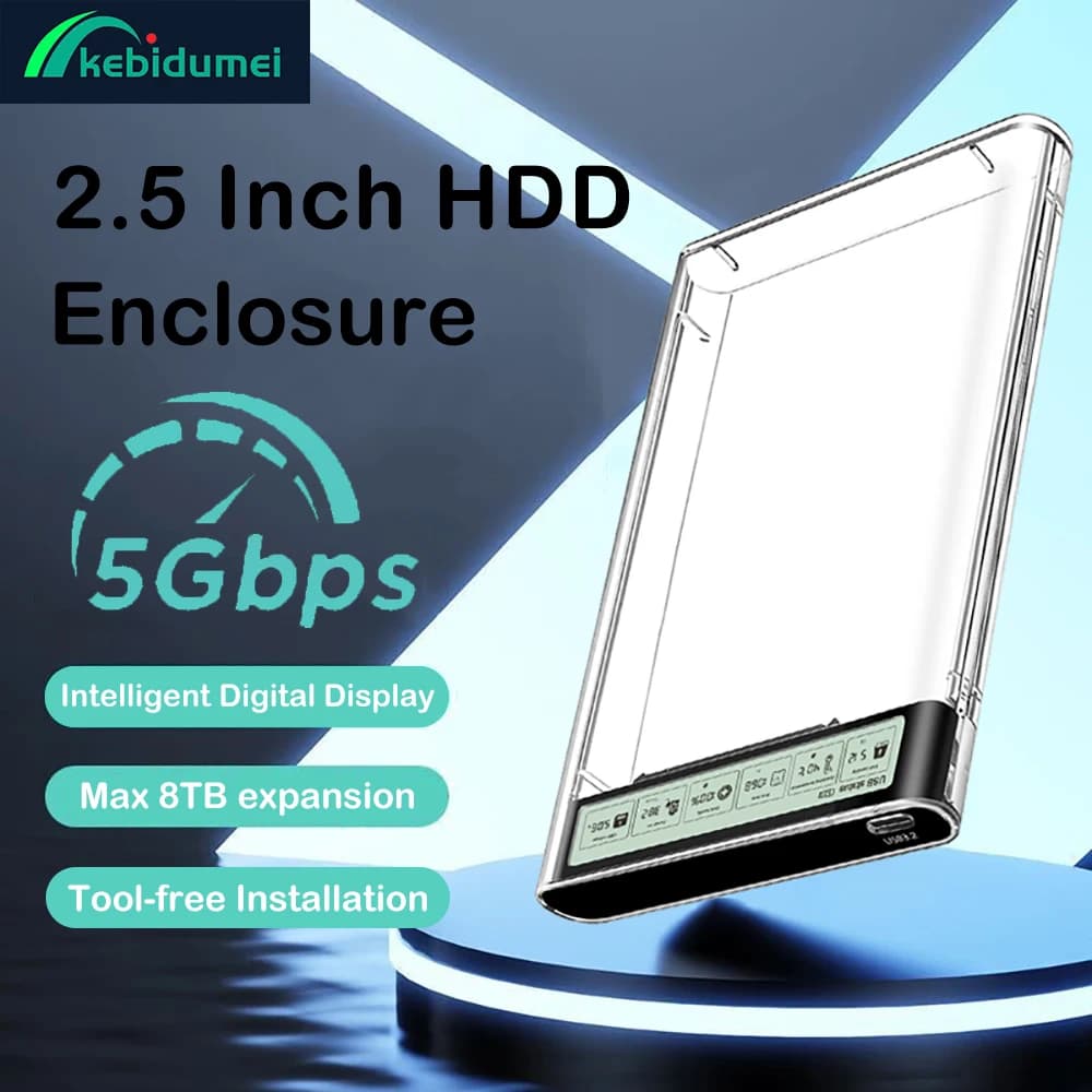 Custodia per HDD da 2,5 pollici Custodia per disco rigido da 5 Gbps USB 3.2 a SATA Display digitale intelligente Scatola per disco rigido con guscio trasparente esterno