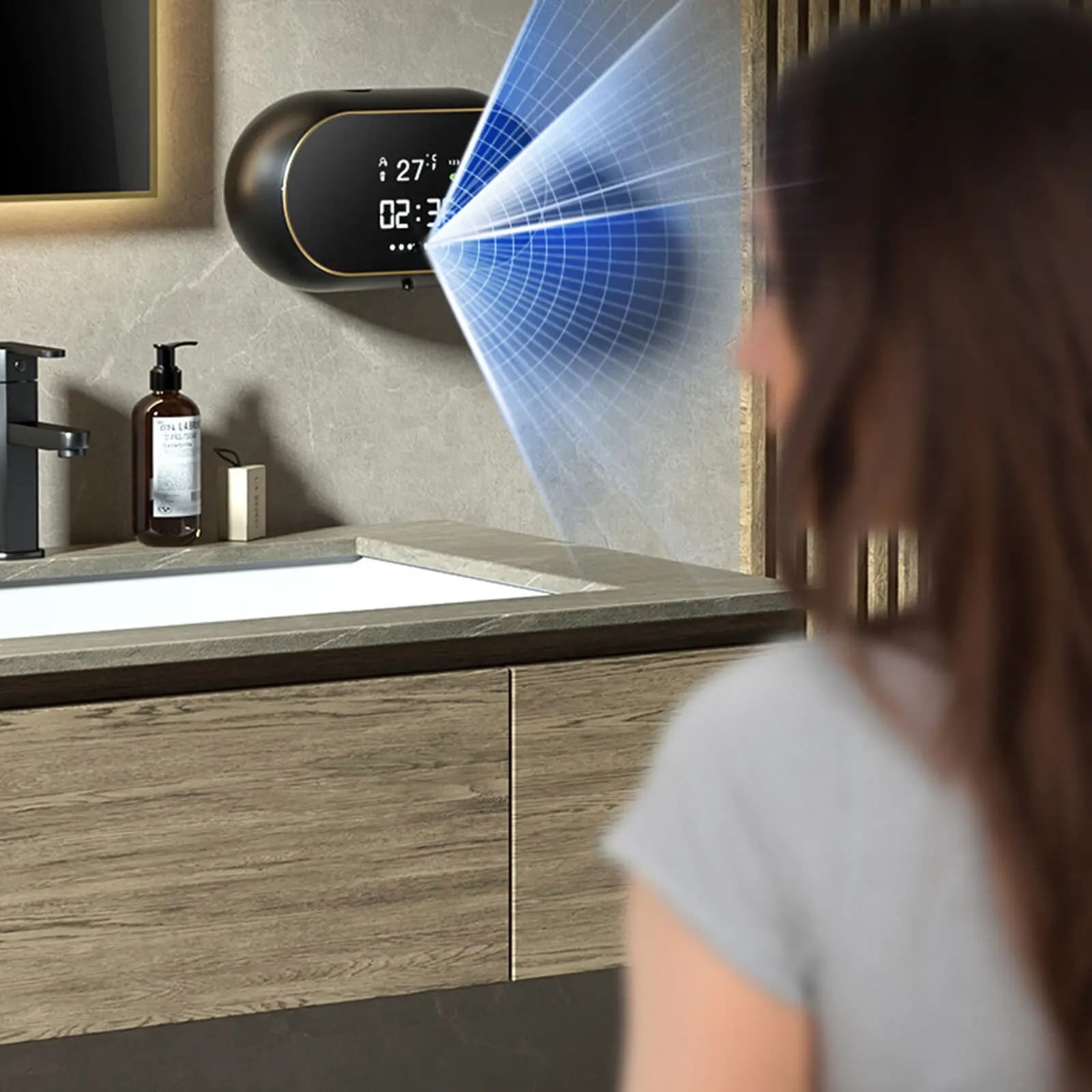 Dispenser di liquidi per macchina per schiuma per montaggio a parete Dispenser automatici di sapone Ricarica USB Display della temperatura a LED Sensore a infrarossi elettrico