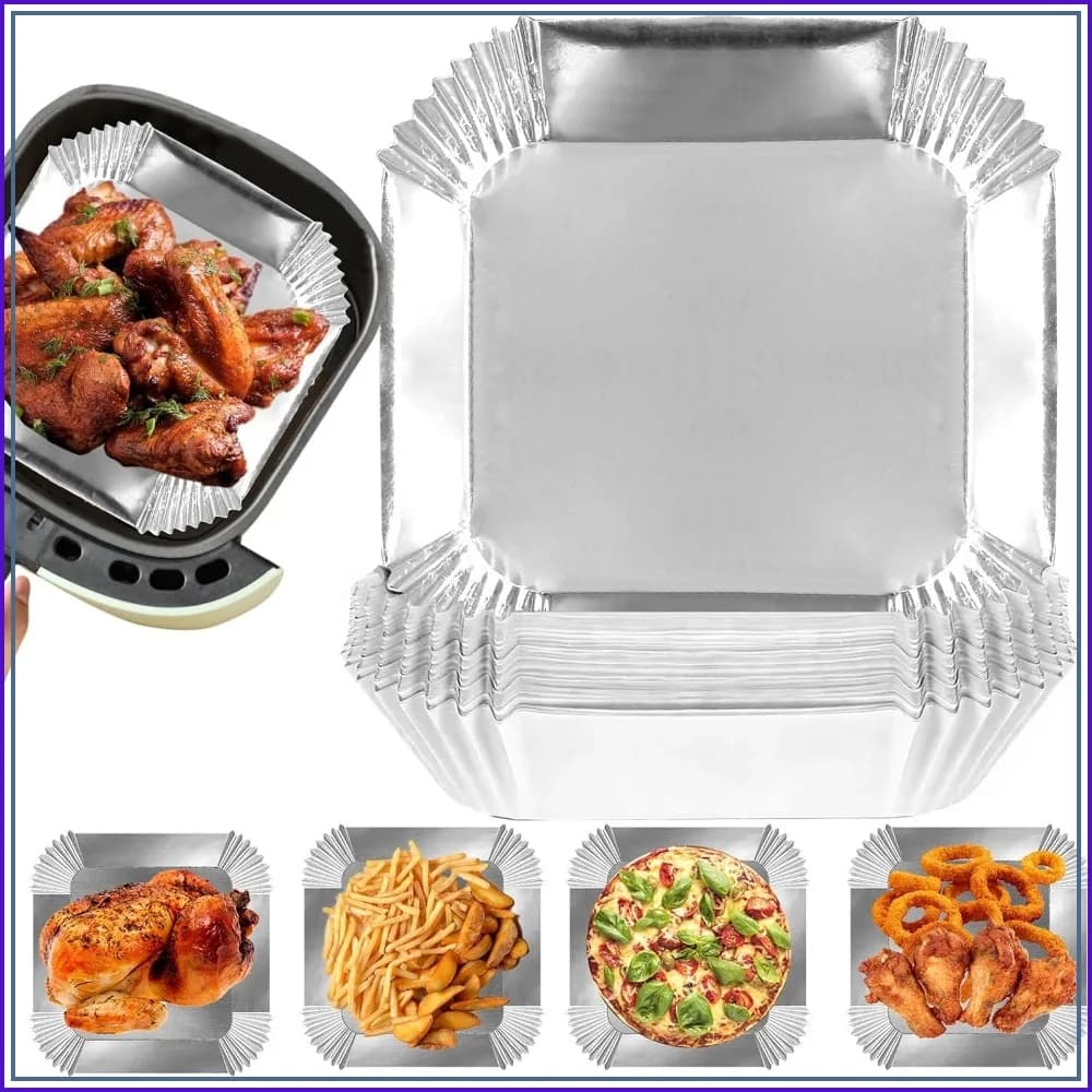 100Pcs 6.3" Square Aluminum Foil Air Fryer Liners, Non-stick Disposable Sheets for Baking, Frying, Grilling