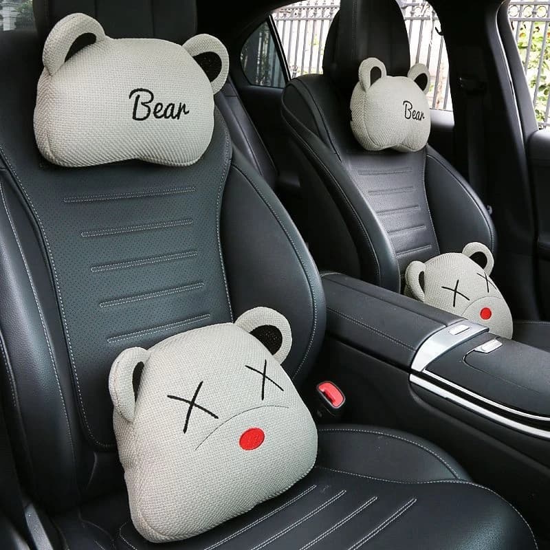 Cuscino per Poggiatesta Auto a Forma di Orso Cartoonesco, Morbido Cuscino Lombare in Peluche alla Moda per Donne