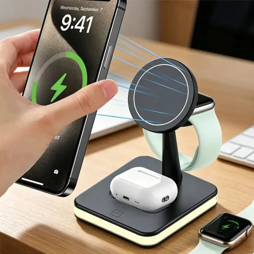 LED Light Magnetic 3 In 1 Magsafe Wireless Charging Stand Fast Charger Station Compatible with iPhone 17 to 12 Pro Max iWatch
