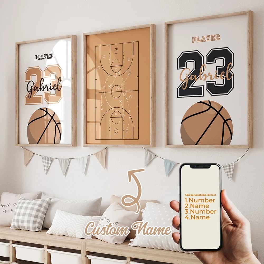 Set of 3 Custom Prints with Name on Canvas, Artistic Poster with Cartoons and Basket for Living and Home Decoration